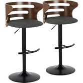 Cosi Adjustable Swivel Bar Stool in Black Metal, Walnut Wood & Charcoal Fabric (Set of 2)